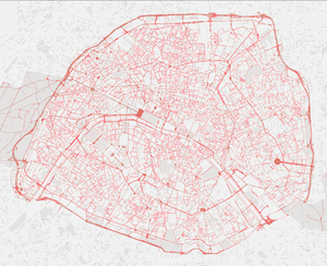 Carte des rues de Paris réalisée à partir des données de l'APUR, en rouge sont représentées celles dont les trottoirs ne permettaient pas de respecter la distanciation sociale (2,5m) © Vraiment Vraiment